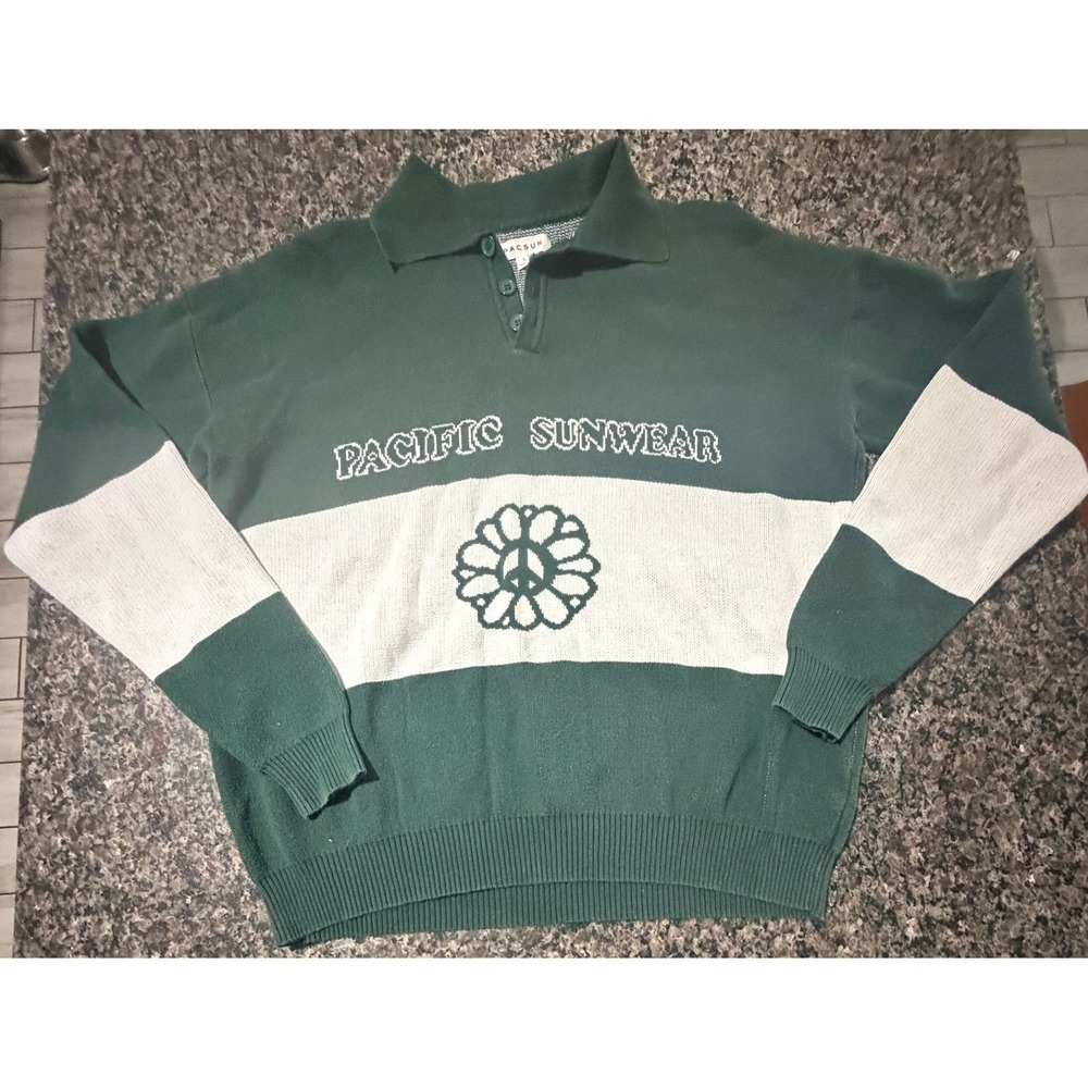 PacSun Mens‎ Green Cream Colorblock Peace Sign Knit Polo Sweater L 100% Cotton